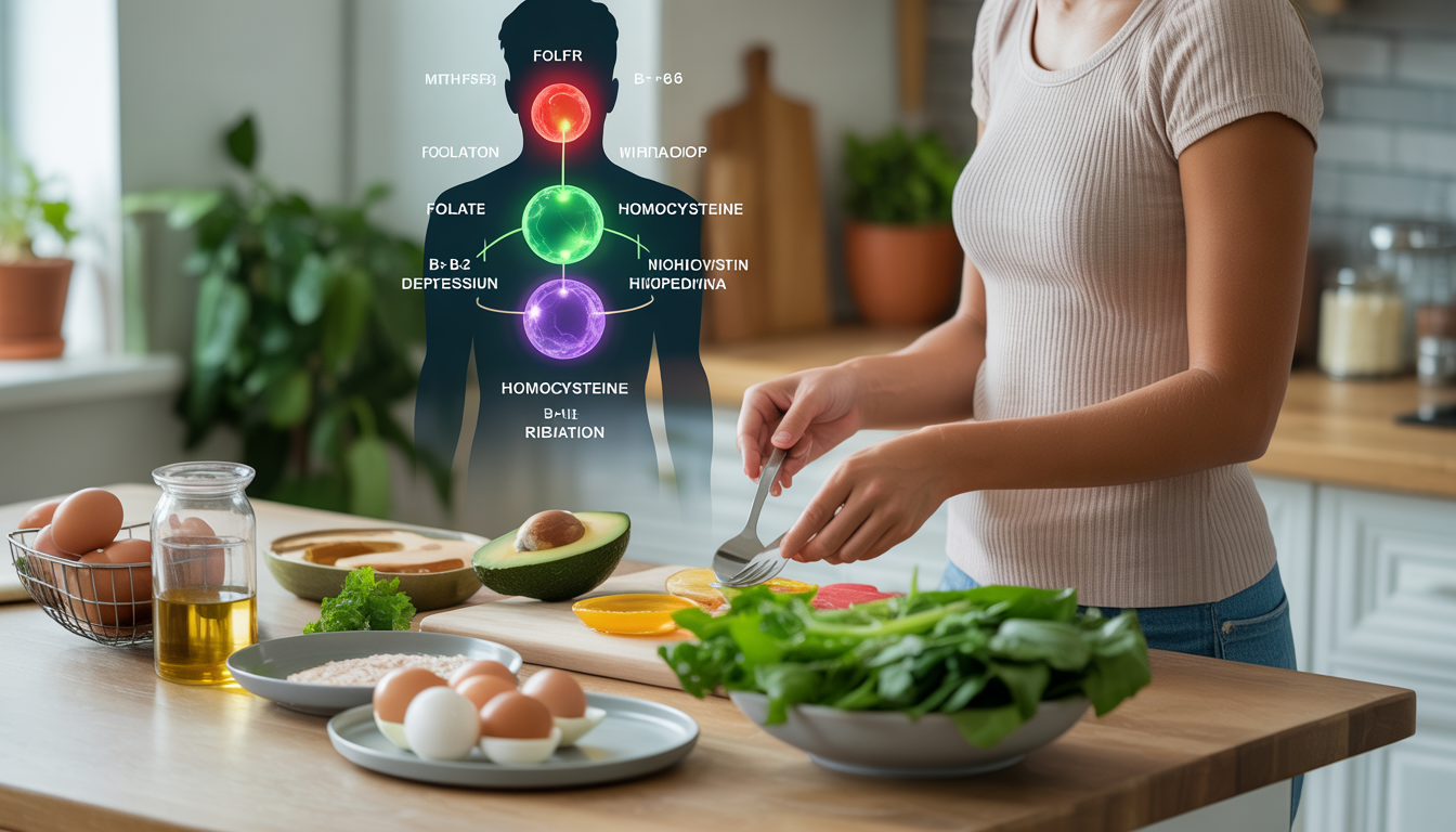 A person in a calm kitchen preparing a meal with leafy greens, eggs, and avocados, with a stylized silhouette showing folate and homocysteine pathways, highlighting the role of the MTHFR gene in blood pressure regulation.