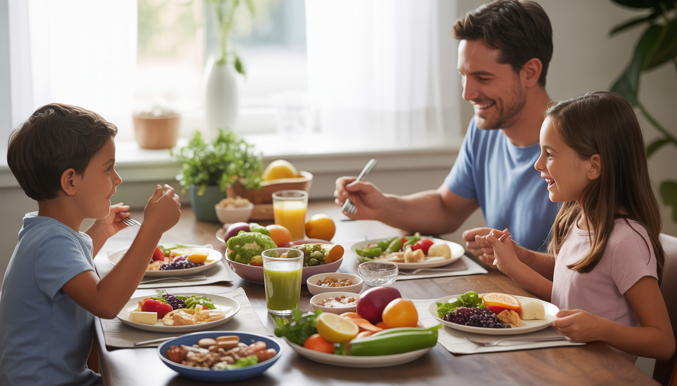 A family of three enjoying a balanced meal with fruits, vegetables, grains, and proteins at a softly lit dining table, highlighting the concept of digestive harmony.