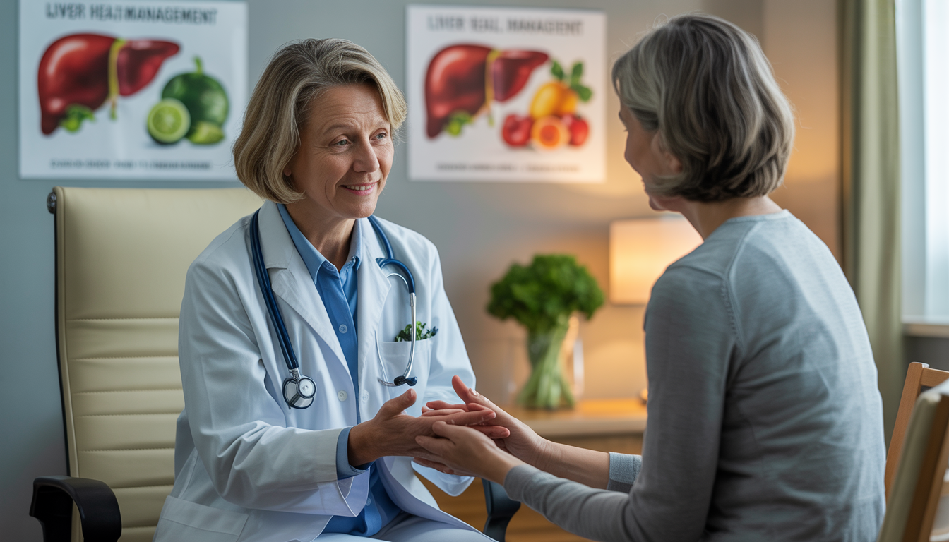An older female doctor in a consultation room explaining liver health to a middle-aged patient, with a warm and professional atmosphere featuring subtle fruit and vegetable decor.