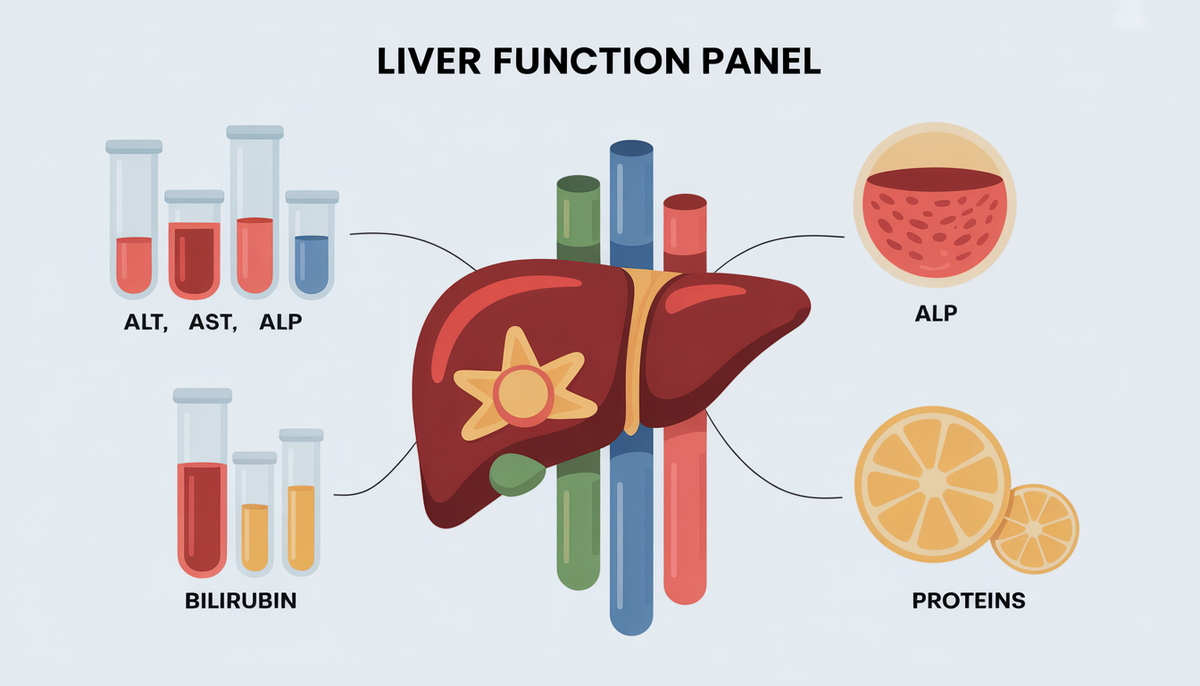 A colorful and friendly diagram depicting components of a liver function panel, including icons for enzymes ALT, AST, ALP, bilirubin, and proteins, designed to be accessible and engaging for a general audience.