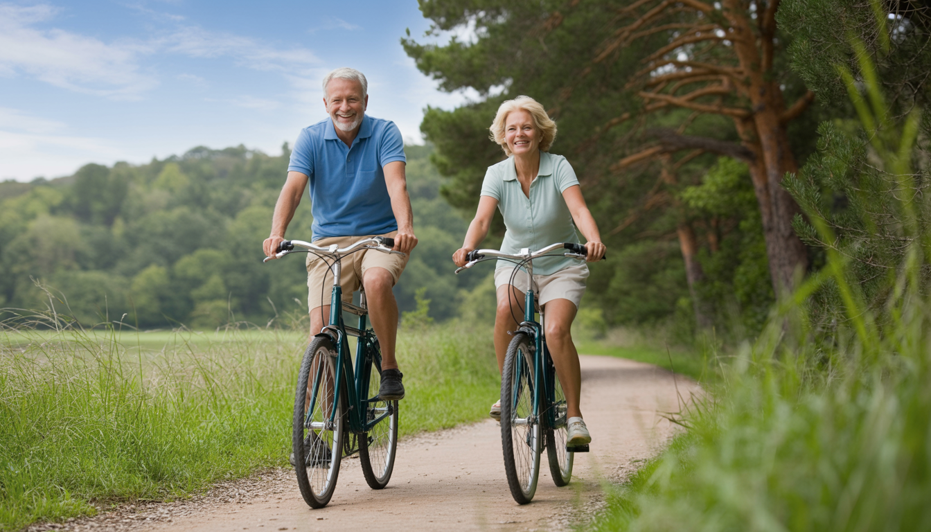 An older couple biking through a green nature trail, symbolizing health and vitality.