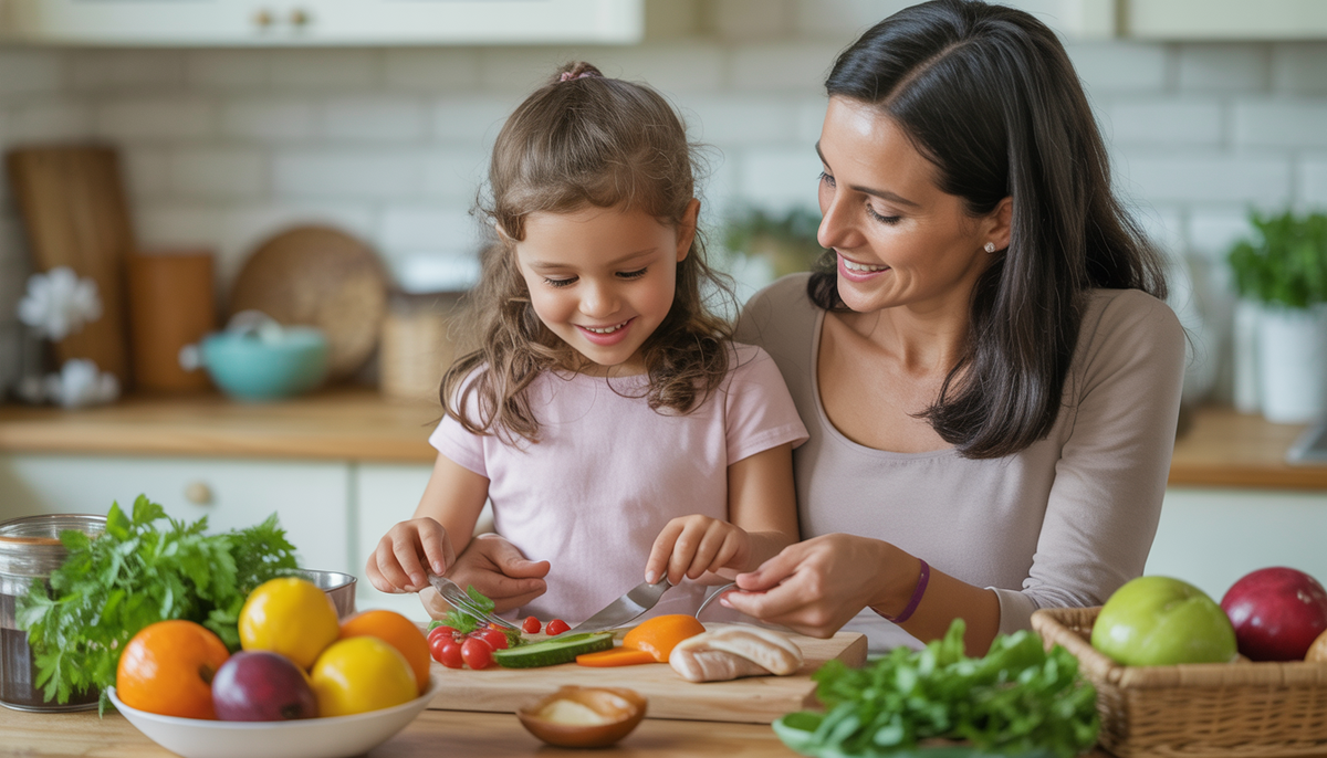Mother and daughter preparing a healthy meal with fruits and vegetables in a cozy kitchen.