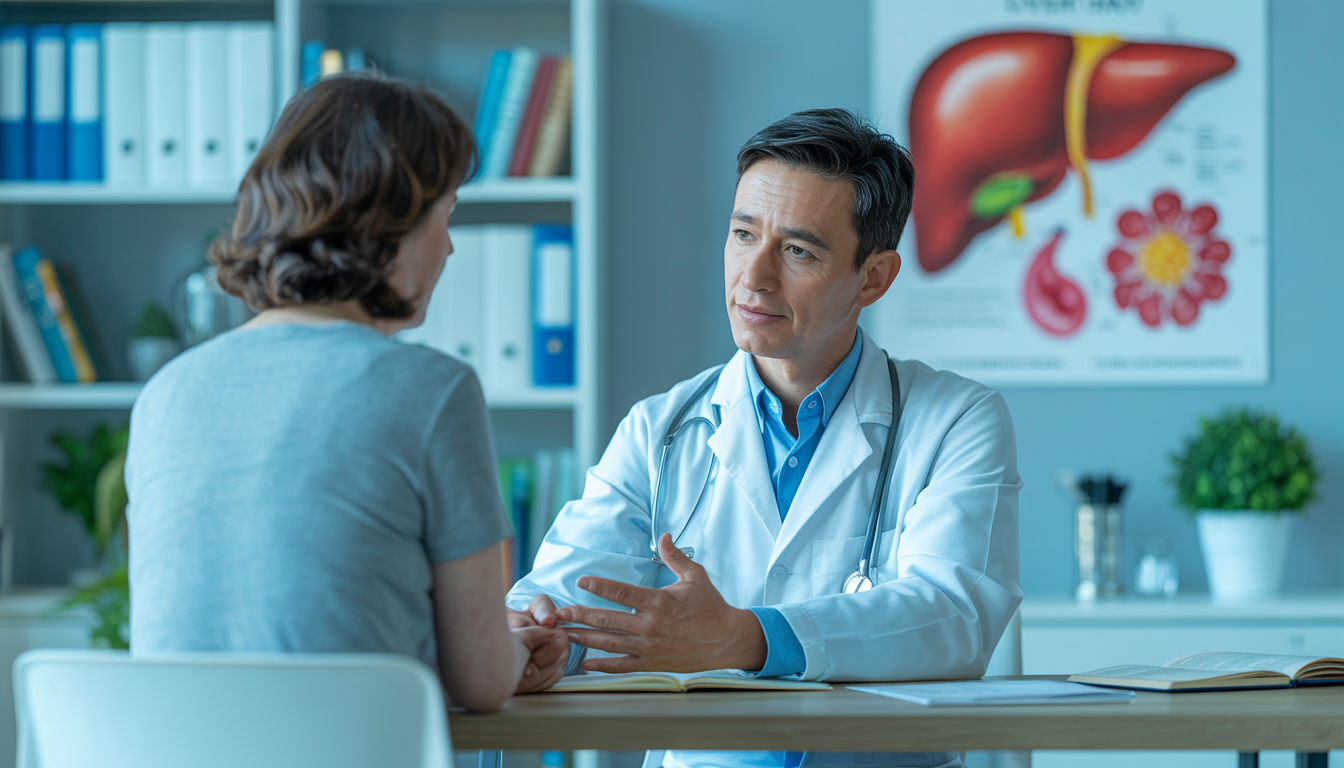 A doctor in a white coat discussing liver health with a patient in a softly lit office, featuring medical books and a liver diagram on the wall.