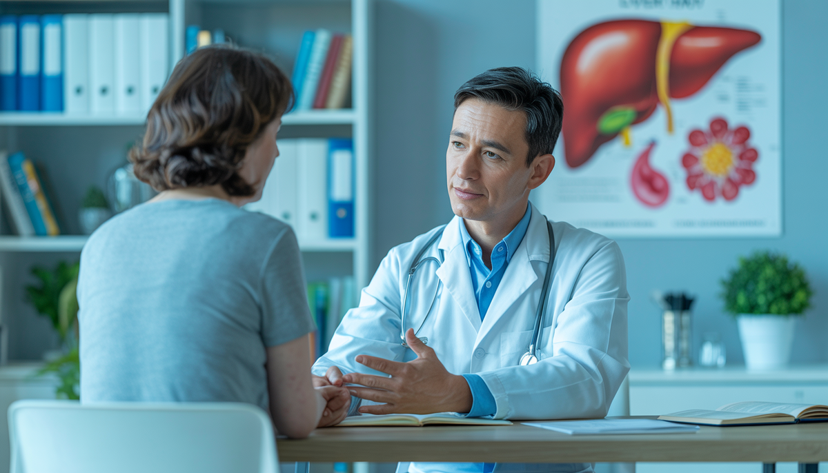 A doctor in a white coat discussing liver health with a patient in a softly lit office, featuring medical books and a liver diagram on the wall.