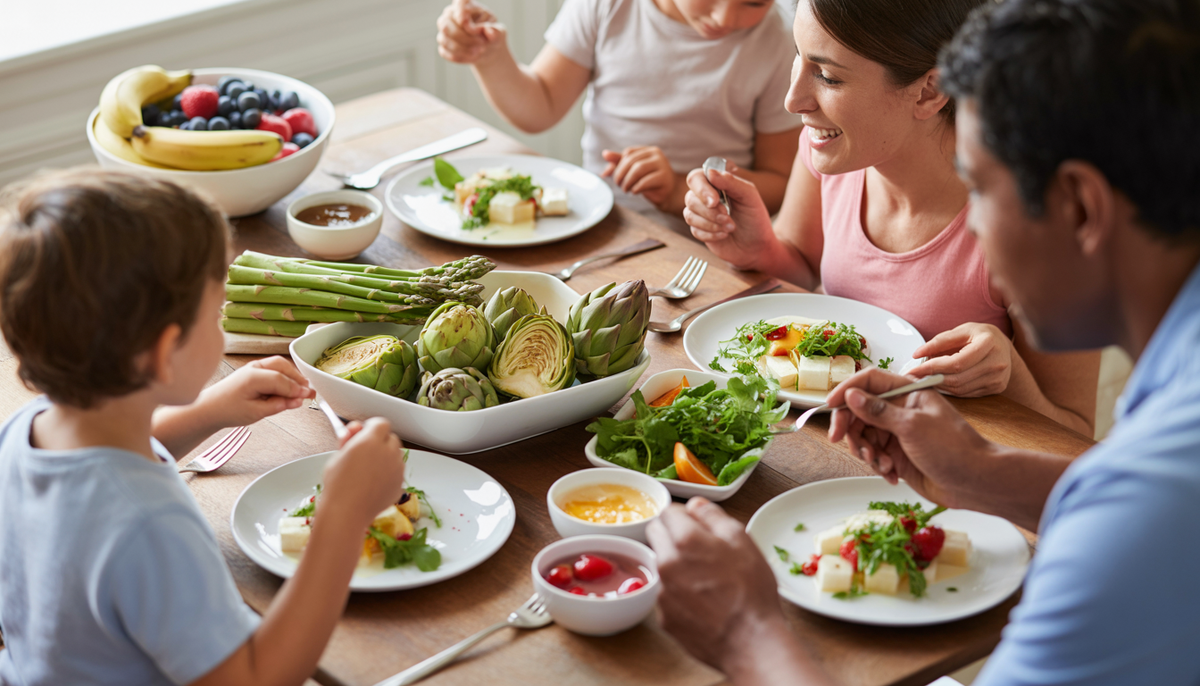 A family dining together with meals rich in probiotics and prebiotics, including salads and fresh fruits, creating a warm and joyful atmosphere.