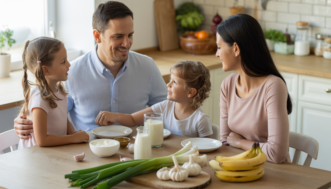 A family sitting around a kitchen table with prebiotic and probiotic foods like garlic, onions, and kefir, creating a warm and inviting atmosphere.