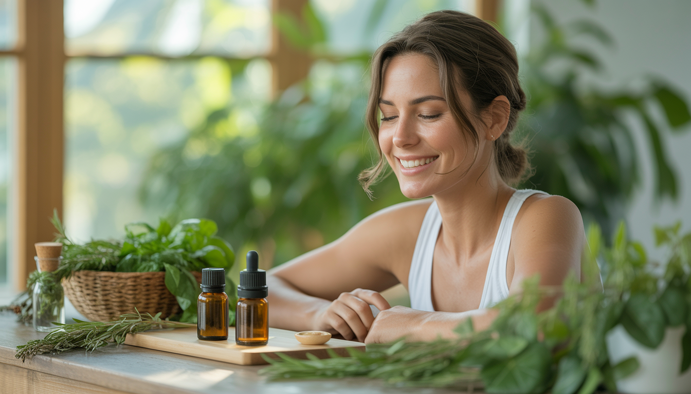A woman smiling in a serene environment with fresh herbs and tea tree oil bottles on a wooden table, highlighted by natural light.