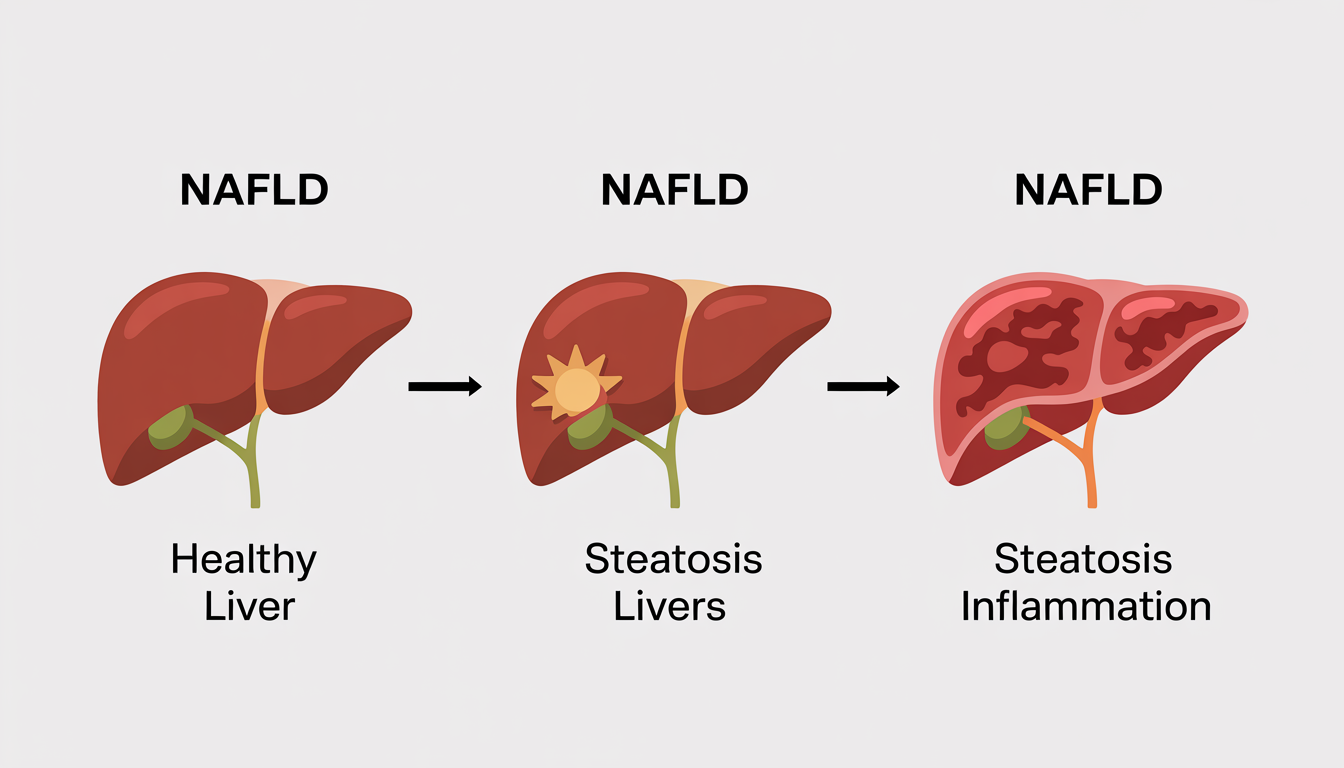 Infographic showing the progression of NAFLD from a healthy liver to an inflamed liver.