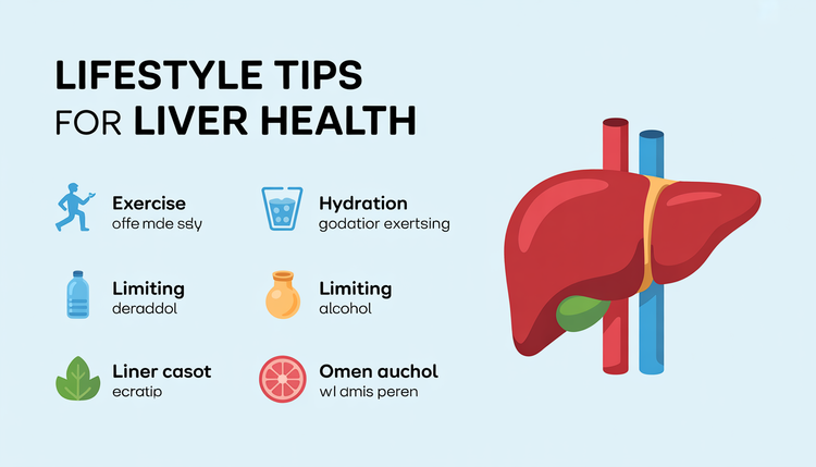 Graphic of a checklist with icons for exercise, hydration, and limiting alcohol, promoting liver health tips.