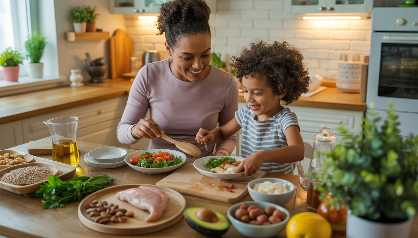 A parent and child preparing a meal with whole grains, lean proteins, and healthy fats in a cozy kitchen, highlighting healthy eating and family bonding.