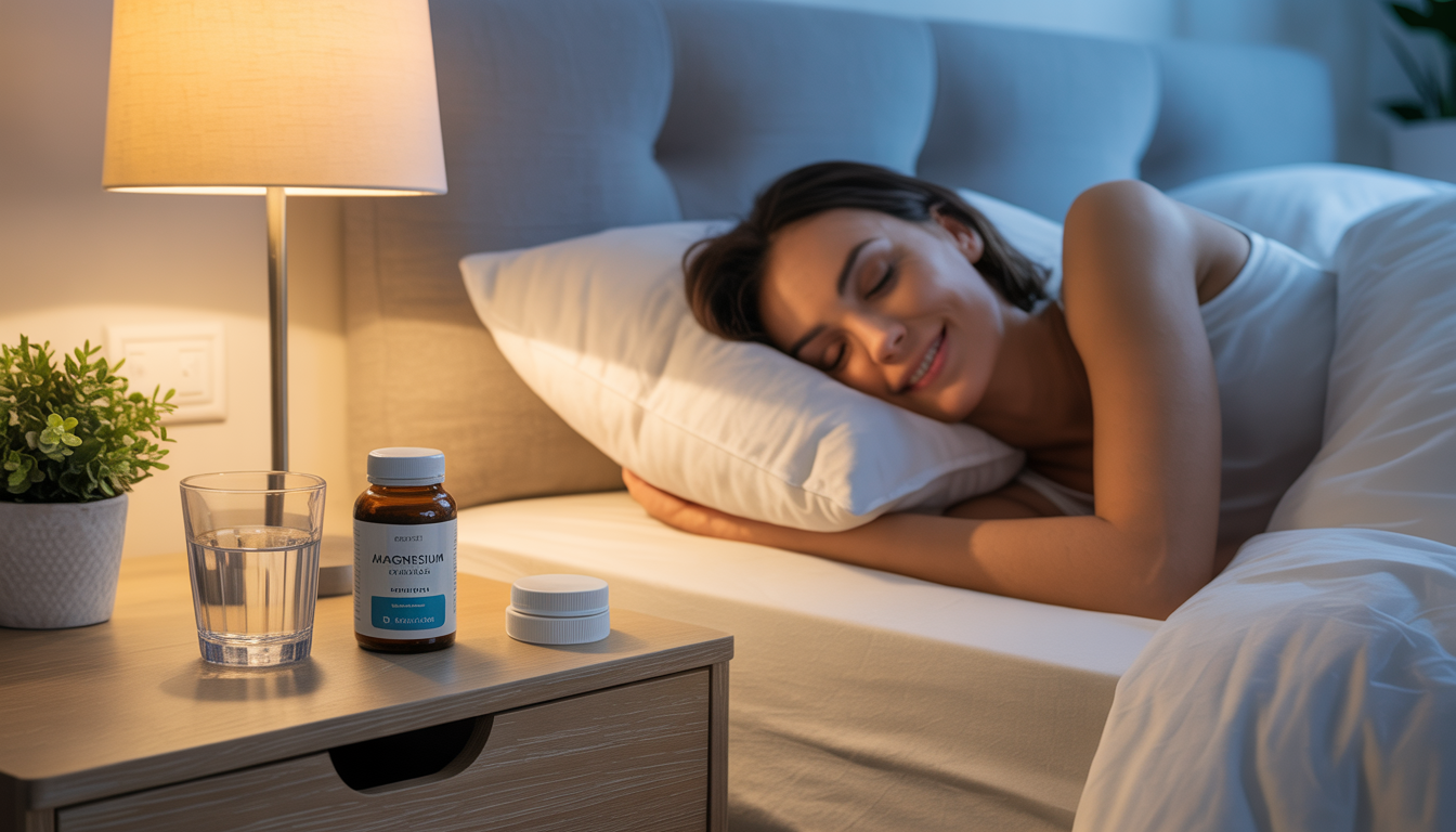 A peaceful bedroom scene with a happy, sleepy woman resting in bed. On the bedside table, there's a glass of water, a bottle of magnesium supplements, and a small potted plant, all under soft, warm lighting.