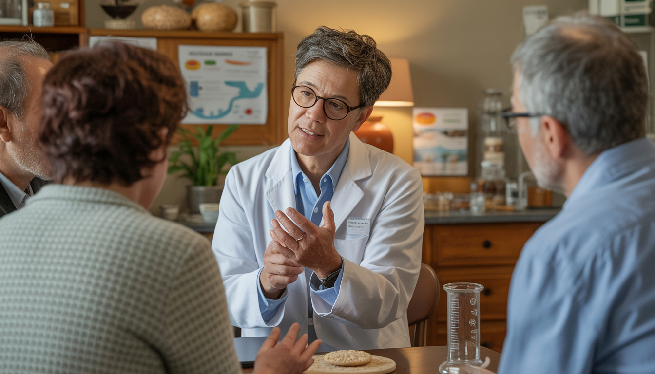 Scene of a molecular cell biologist explaining gluten sensitivity in a family-owned business setting, emphasizing a caring and personal approach.