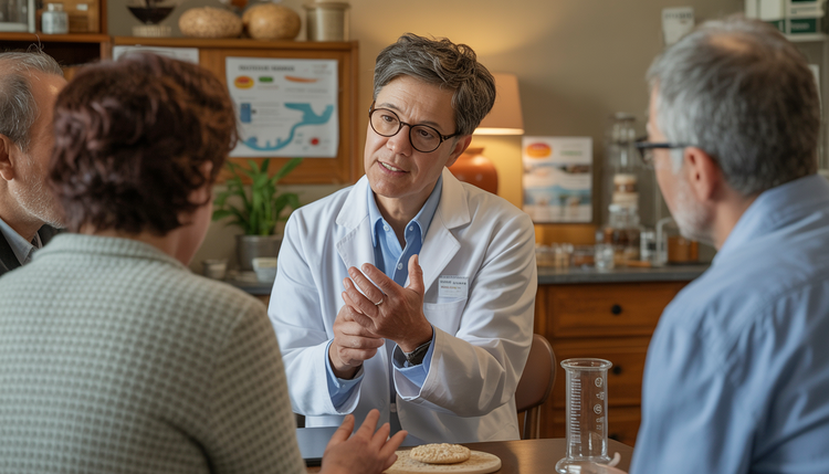 Scene of a molecular cell biologist explaining gluten sensitivity in a family-owned business setting, emphasizing a caring and personal approach.