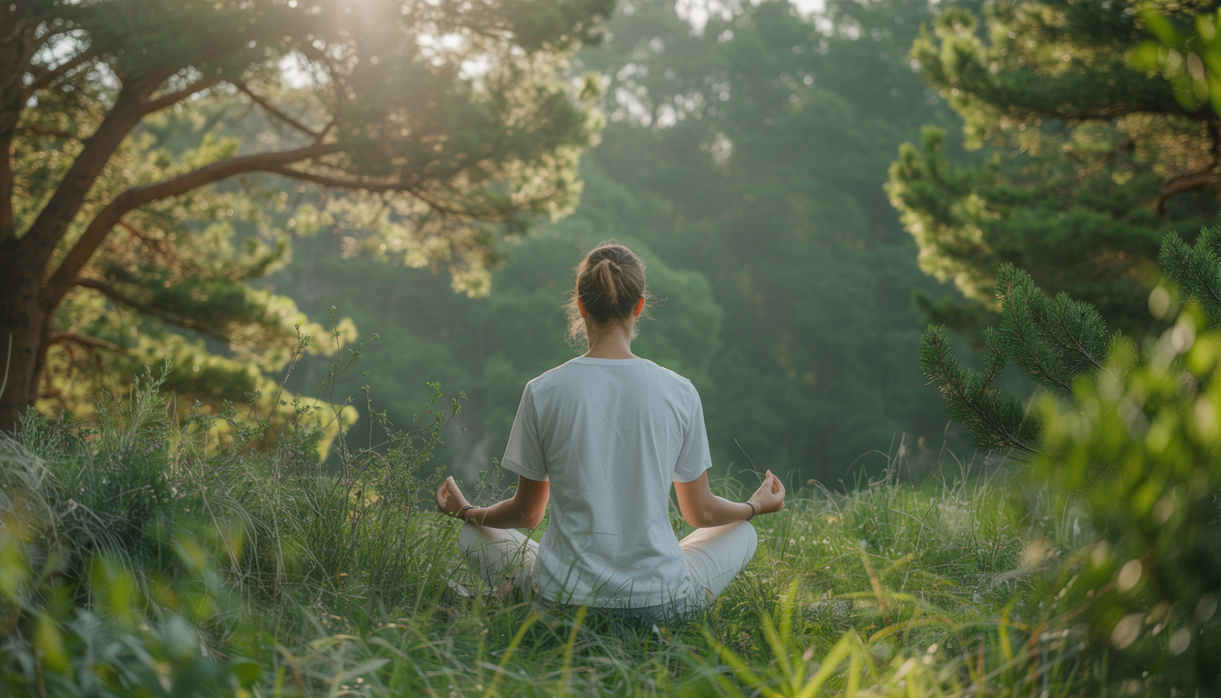 A person meditating in a tranquil natural setting with sunlight filtering through trees, representing stress reduction and adrenal health.