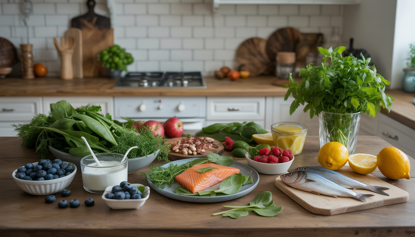 A wooden table in a kitchen showcasing anti-inflammatory foods including leafy greens, berries, fatty fish, yogurt, and fresh herbs, emphasizing a healthy diet.