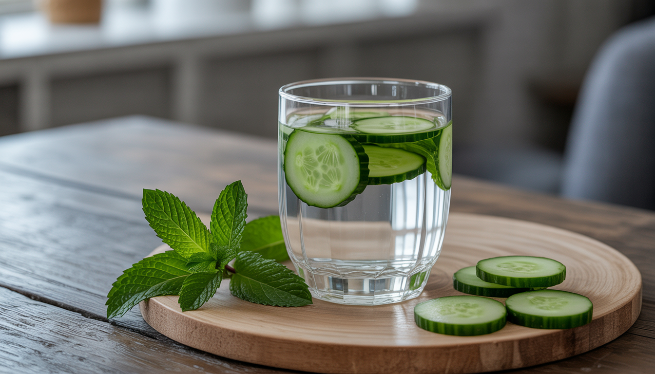 A glass of water with cucumber slices and mint on a wooden table, highlighting hydration's role in managing blood sugar.