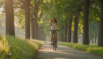 A woman biking through a sunlit park, surrounded by tall trees and lush greenery, emphasizing stress relief and well-being.