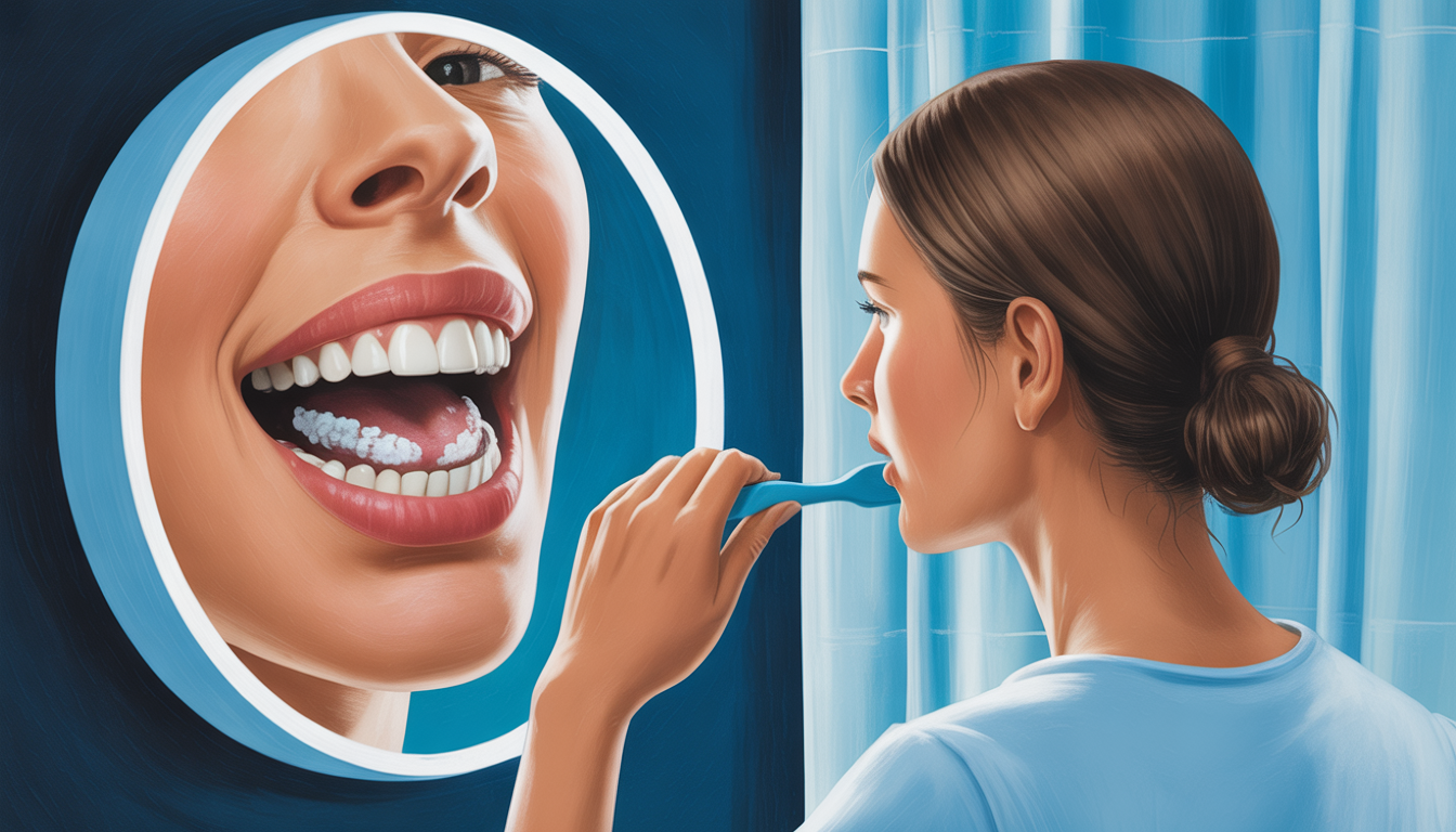 A woman brushing her teeth in front of a mirror, with a reflection showing white patches on her tongue, indicating oral thrush, set against a calming blue background.