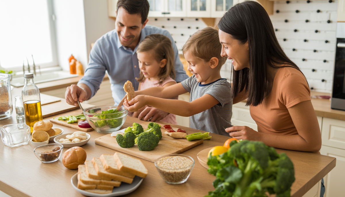 A family in a kitchen preparing a healthy meal with broccoli, chicken, and quinoa, while processed foods like white bread are set aside, highlighting health and family togetherness.