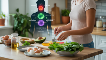 A person in a calm kitchen preparing a meal with leafy greens, eggs, and avocados, with a stylized silhouette showing folate and homocysteine pathways, highlighting the role of the MTHFR gene in blood pressure regulation.