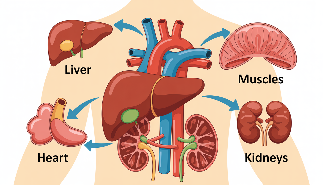 Diagram of the human body with highlighted liver, heart, muscles, and kidneys, showing AST enzyme movement with arrows.