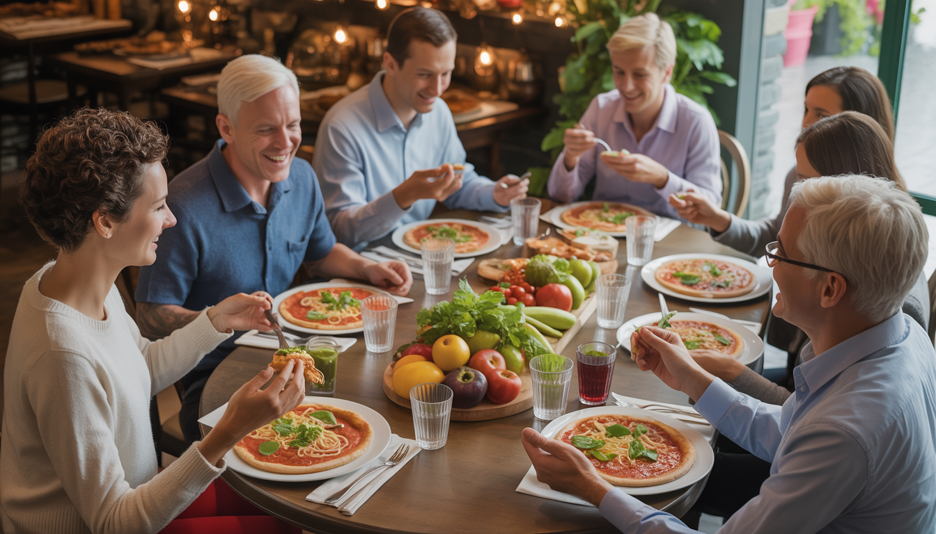 People with NCGS enjoying gluten-free Italian meals in a cozy restaurant, surrounded by a warm atmosphere and fresh produce.