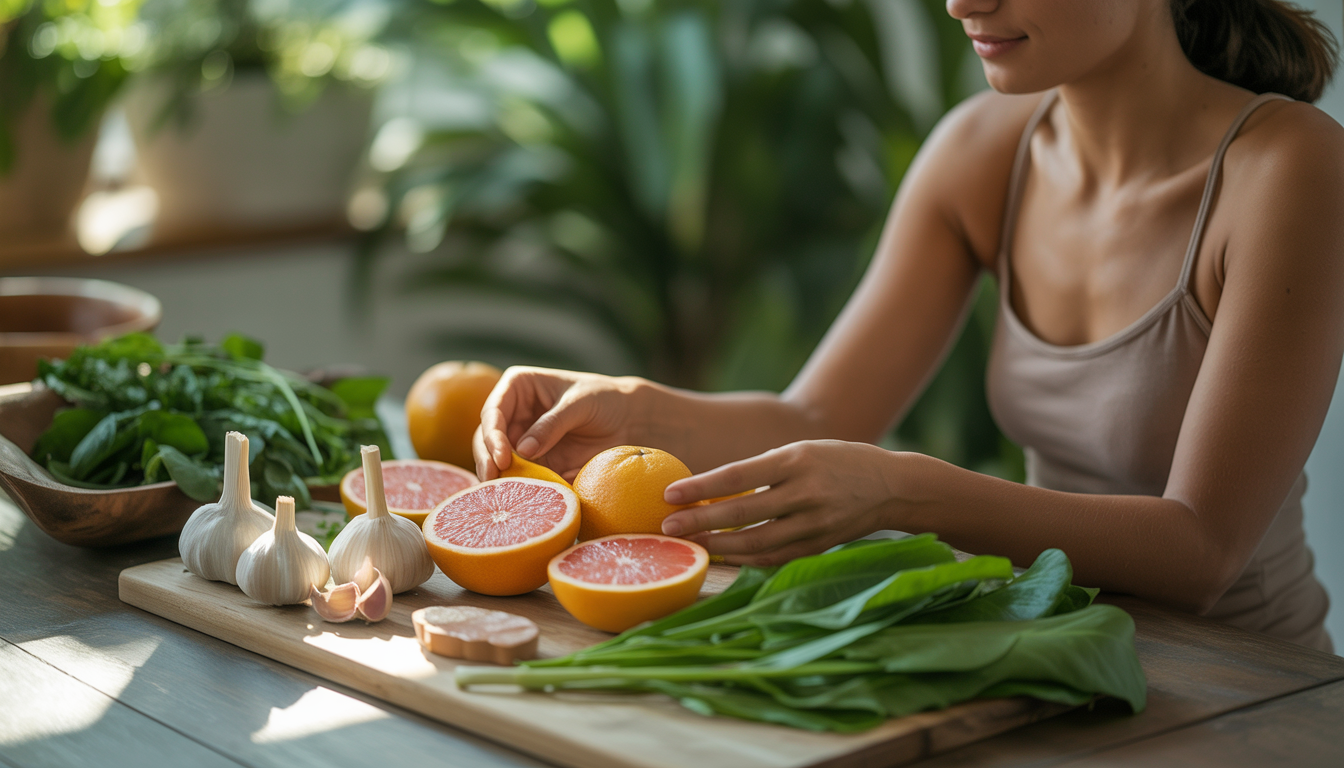 A woman arranging liver-supportive foods like garlic, grapefruit, and leafy greens on a wooden table in a naturally lit, serene setting, emphasizing health and freshness.