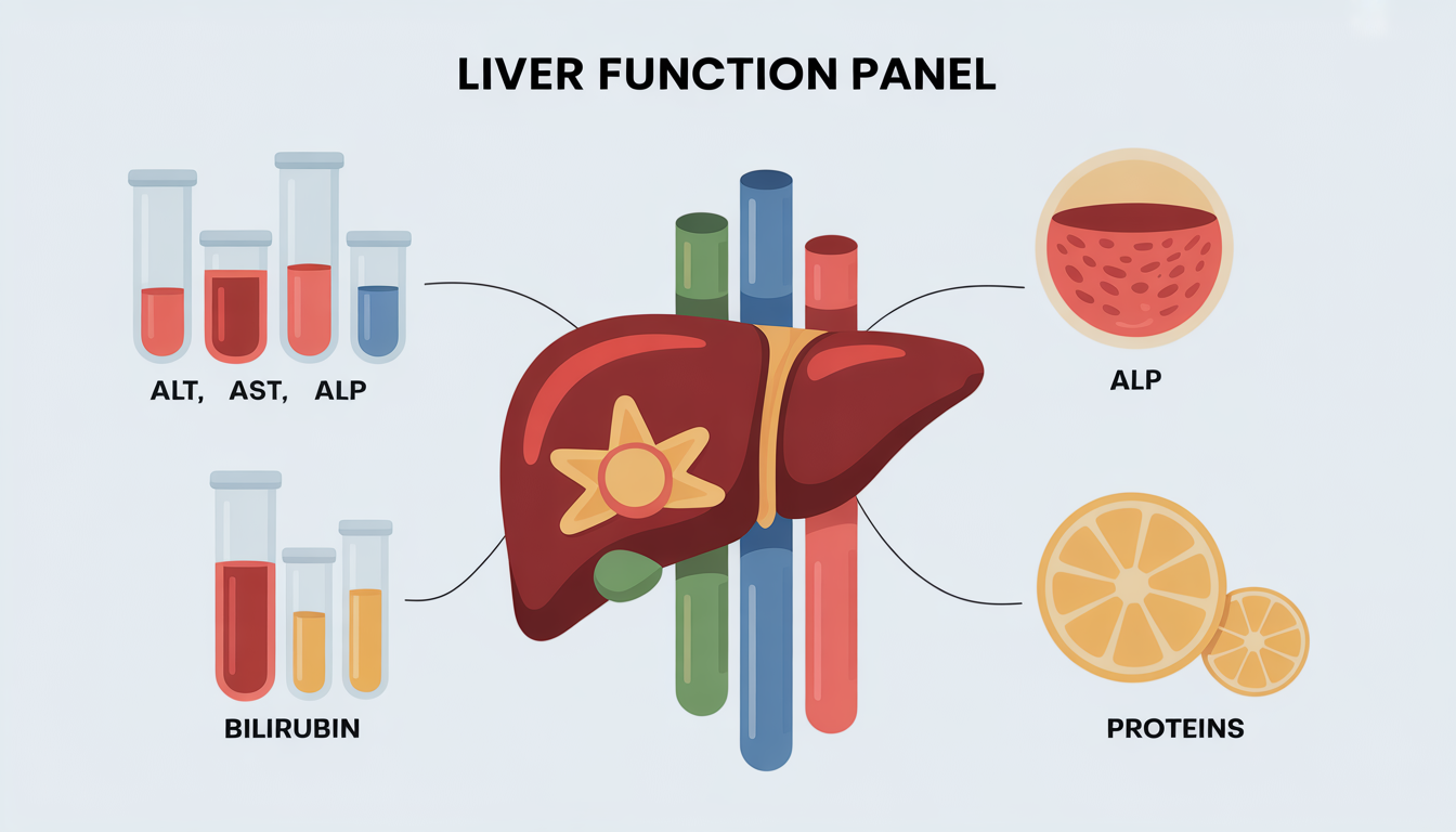 A colorful and friendly diagram depicting components of a liver function panel, including icons for enzymes ALT, AST, ALP, bilirubin, and proteins, designed to be accessible and engaging for a general audience.