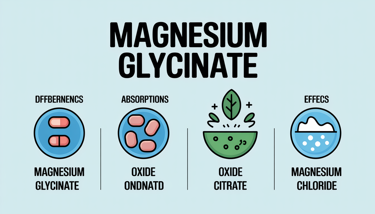 Infographic comparing magnesium glycinate, oxide, citrate, and chloride supplements, focusing on absorption and effects.