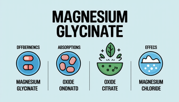 Infographic comparing magnesium glycinate, oxide, citrate, and chloride supplements, focusing on absorption and effects.