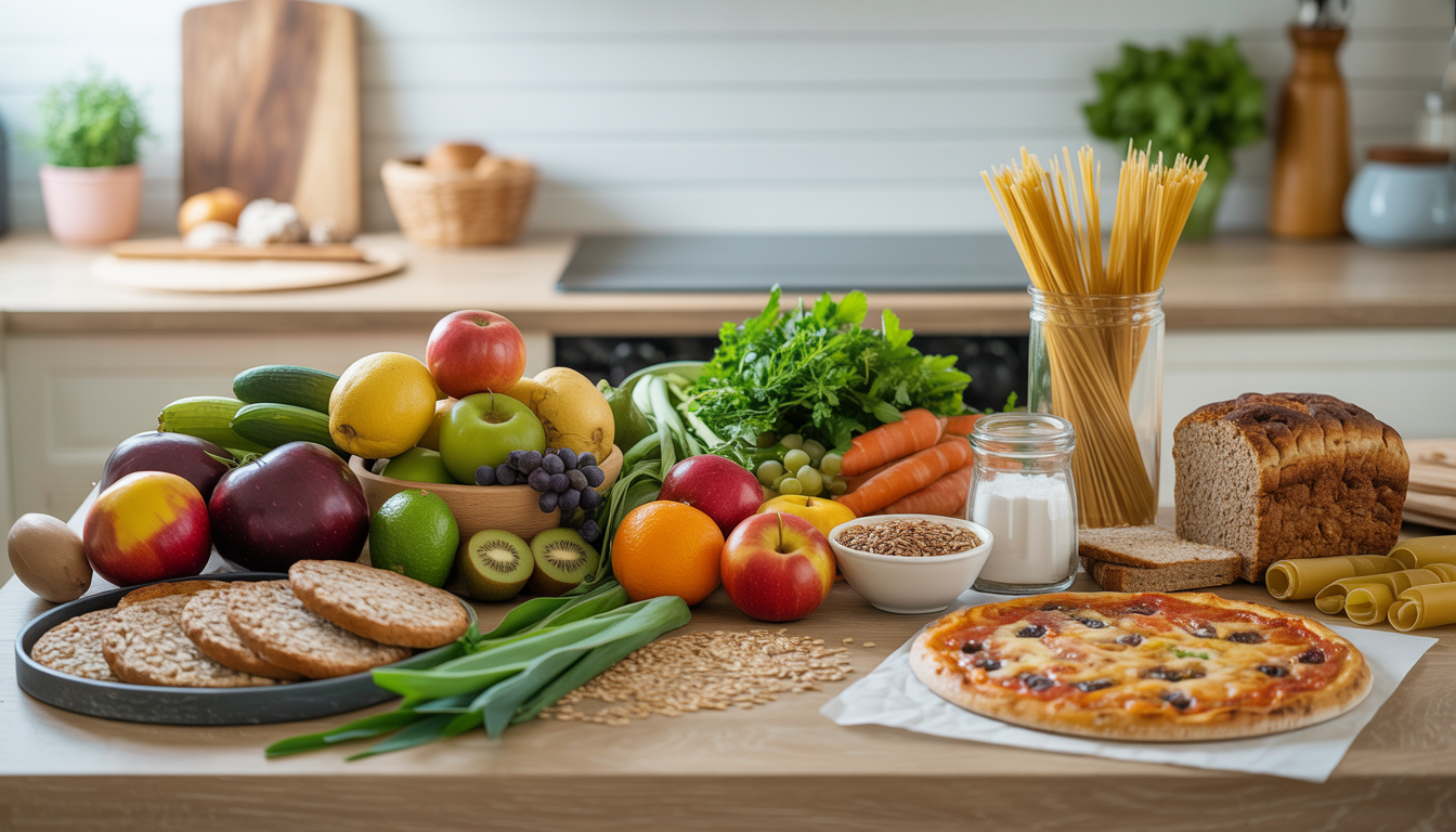 A kitchen countertop displaying colorful gluten-free foods including fruits, vegetables, grains, bread, pasta, and a gluten-free pizza, all under soft natural lighting.