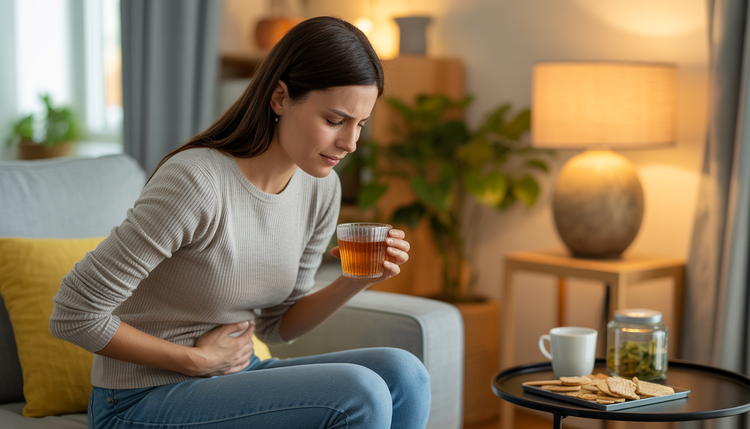 A woman in a cozy living room holds her stomach gently while sipping herbal tea, surrounded by gluten-free snacks, emphasizing health-conscious living.