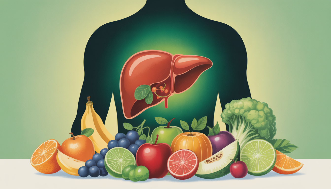 Illustration of a healthy liver with fruits and vegetables, symbolizing liver health and a balanced diet.