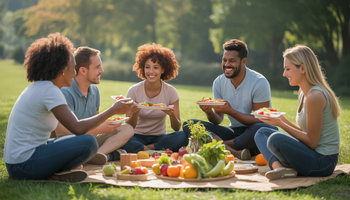 A diverse group of people having a picnic in a sunlit park, surrounded by fruits and vegetables, highlighting a healthy lifestyle.