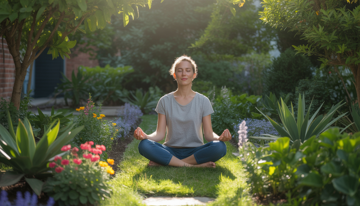 A person meditating in a lush garden, surrounded by greenery and flowers, representing stress relief and adrenal support.