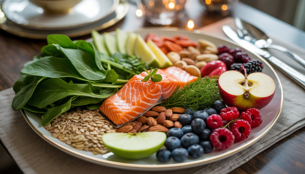 A plate with liver-friendly foods: leafy greens, salmon, nuts, seeds, whole grains, and fruits like berries and apples.