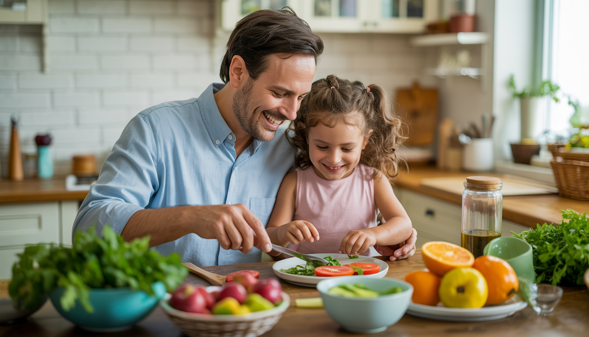 A father and daughter happily preparing a meal in a cozy kitchen, surrounded by fresh leafy greens and vibrant fruits, highlighting family bonding and gut health.