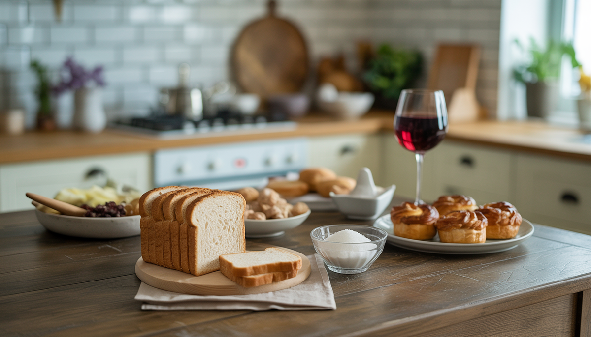 A kitchen table displaying foods to avoid for candida, including white bread, sugar, wine, and pastries, in a calm and inviting setting.