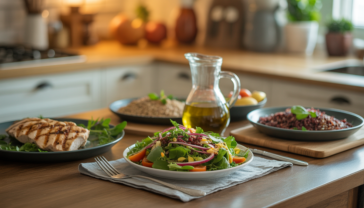 A cozy kitchen table set with liver-friendly dishes including grilled chicken, quinoa, and a colorful salad, surrounded by warm lighting and homey decor.